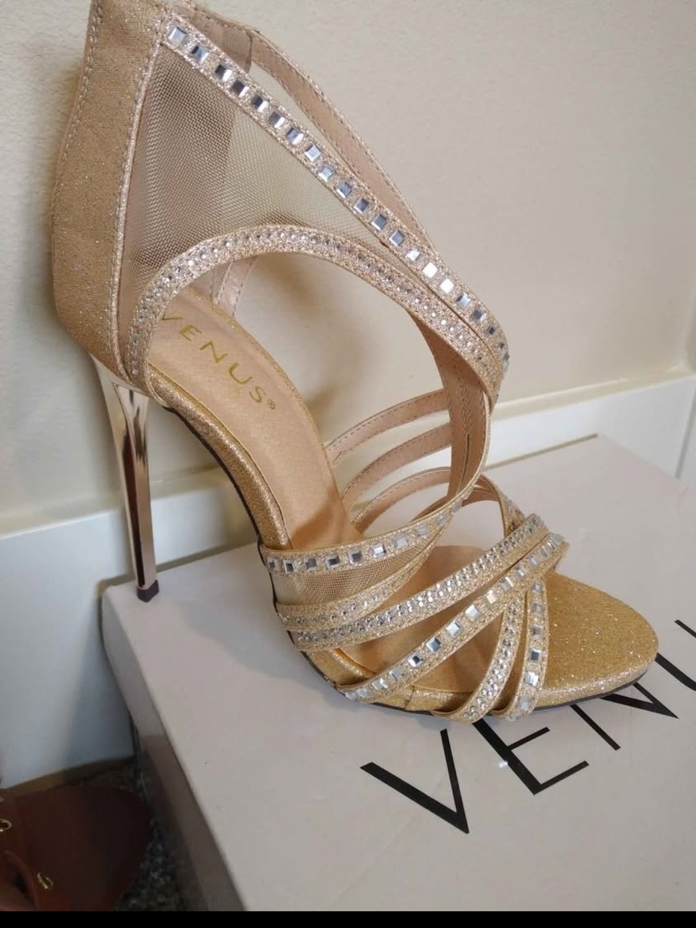 VENUS gold crystal strappy stiletto sandal